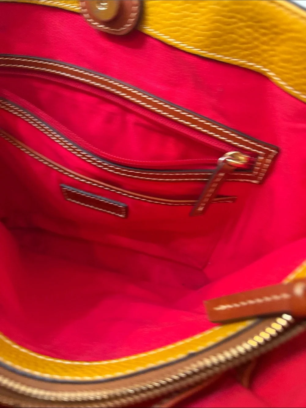 Dooney & Bourke Mustard Yellow Pebble Leather Tote with Brown Handles